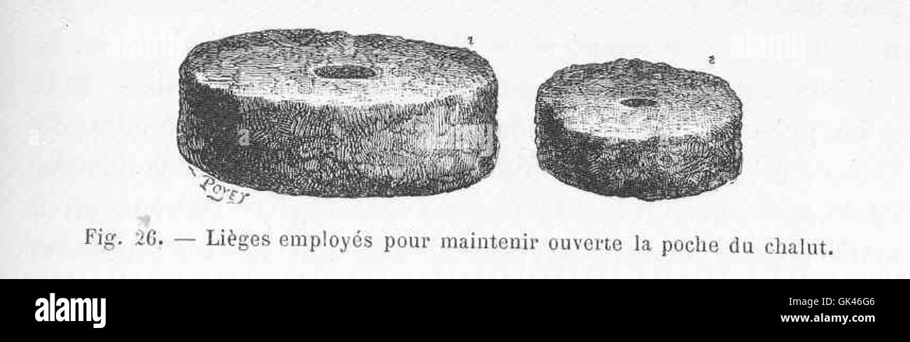 Il termine "Lièges employés pour maintenir ouverte la poche du chalut" si riferisce ai sugheri utilizzati nelle reti a strascico per mantenere l'apertura della tasca della rete, contribuendo alla cattura efficace della vita marina. Foto Stock
