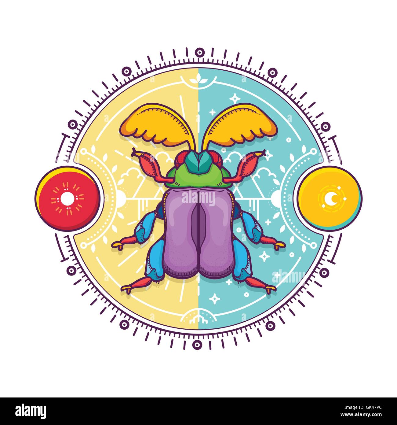 Illustrazione Vettoriale di Beetle gli elementi di design con la linea grafica. Cerchio vita di giorno e di notte nel concetto di natura Illustrazione Vettoriale