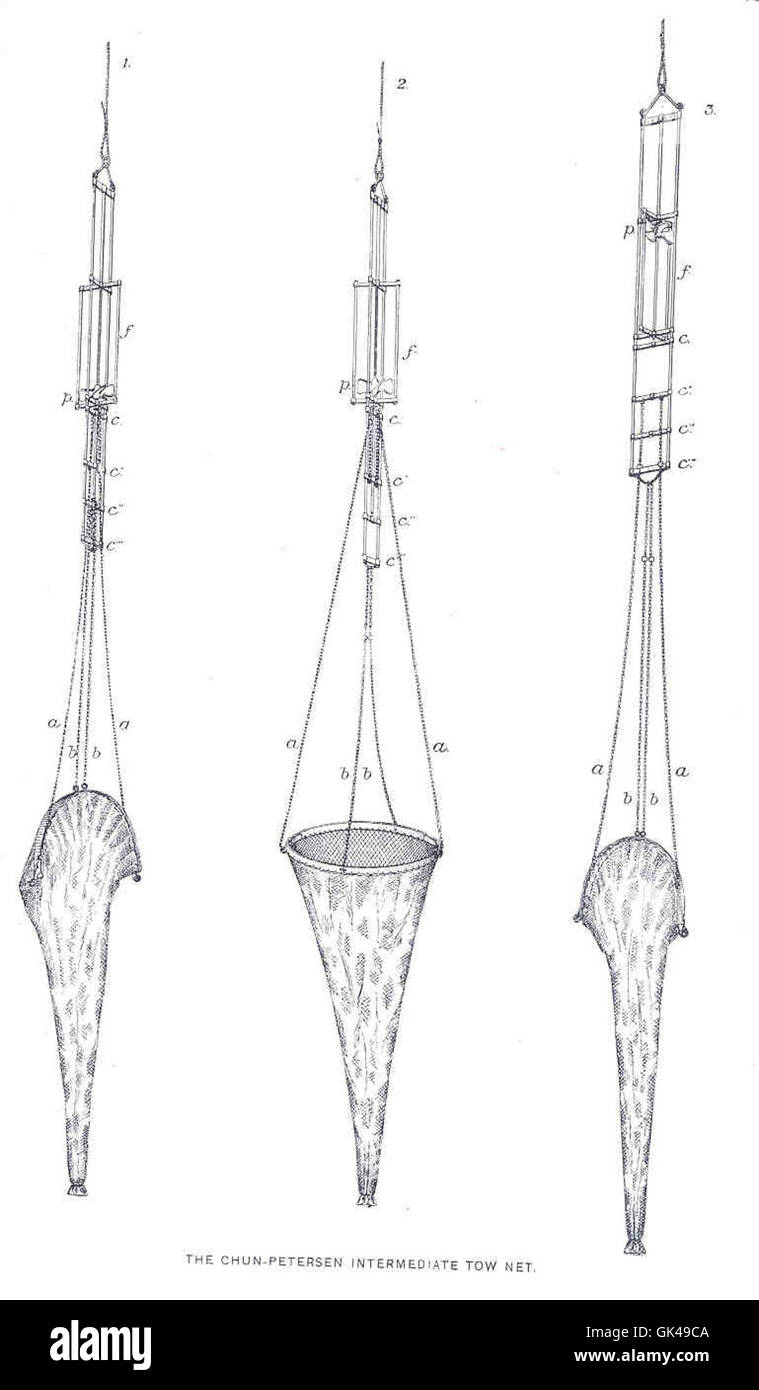 La rete di traino intermedia Chun-Peterson è uno strumento specializzato utilizzato nella biologia marina per raccogliere plancton e altri piccoli organismi marini da profondità d'acqua intermedie. Aiuta a studiare gli ecosistemi acquatici e le specie che sostengono. Foto Stock