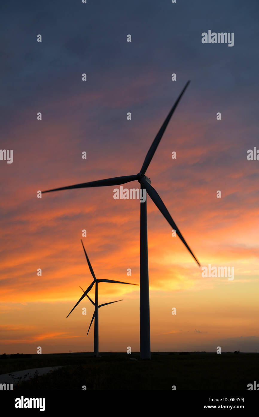 Le turbine eoliche al tramonto con motion blur sulle pale Foto Stock