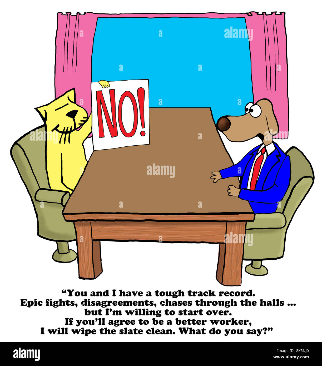 Business cartoon circa un tentativo di modifica di un rapporto di contenzioso con un collega. Foto Stock