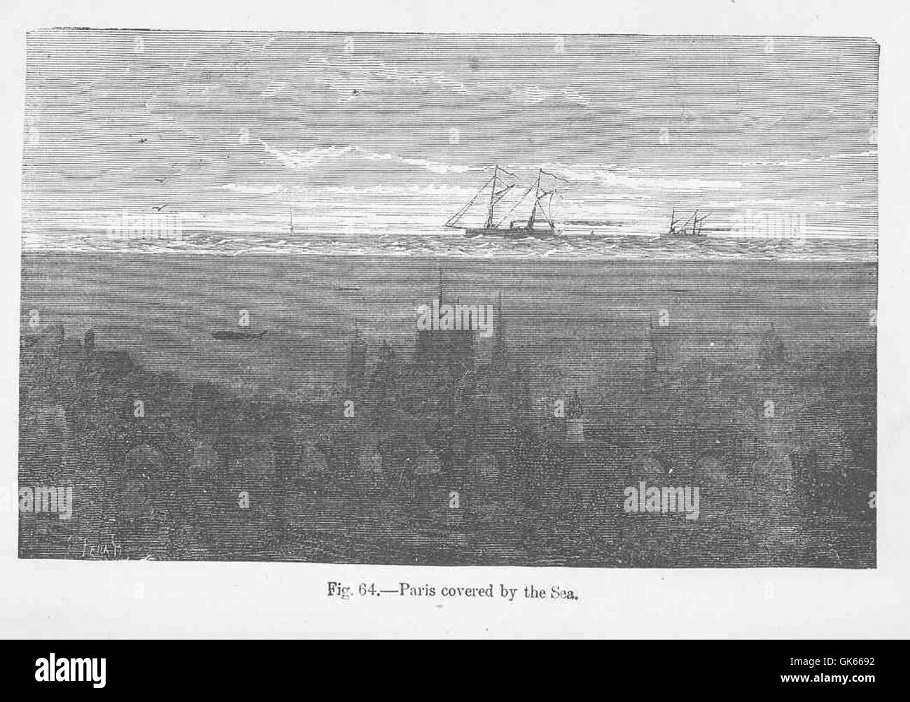 Questo titolo si riferisce al concetto di Parigi sommersa sotto il mare, probabilmente in un contesto ipotetico o artistico. Non si tratta di un evento letterale, ma può simboleggiare preoccupazioni ambientali o scenari fantastici. Foto Stock