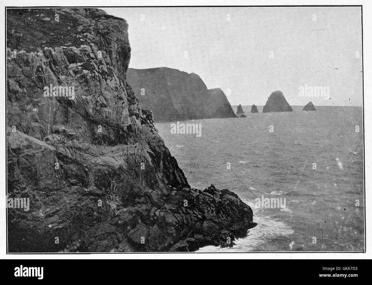 Questa immagine cattura la vista della costa meridionale delle isole Snares, guardando verso est. Queste isole remote fanno parte della nuova Zelanda e sono note per la loro ricca biodiversità, comprese le colonie di uccelli marini. Foto Stock