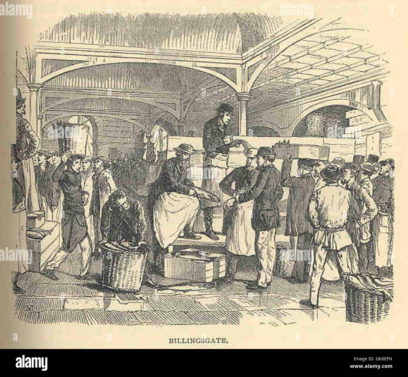 Un'immagine di Billingsgate, il famoso mercato del pesce di Londra. Conosciuta per la sua lunga storia e il suo ruolo nel commercio del pesce, Billingsgate è un luogo iconico nella cultura gastronomica britannica. Foto Stock