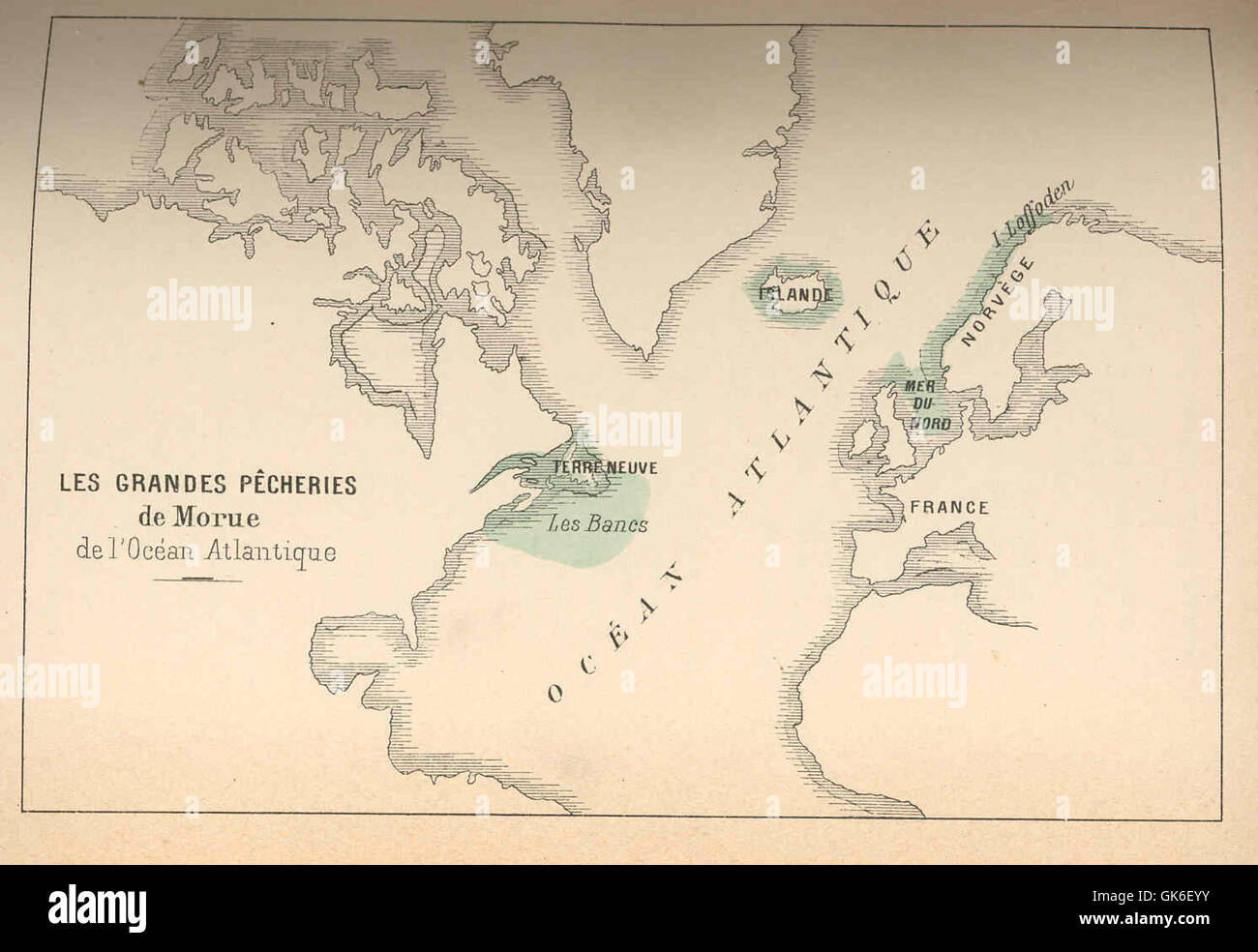 Les Grandes Pêcheries de Morue de l'Océan Atlantique si riferisce alla grande pesca del merluzzo nell'Oceano Atlantico, storicamente significativa per fornire una fonte importante di cibo e attività economica alle comunità costiere. Foto Stock