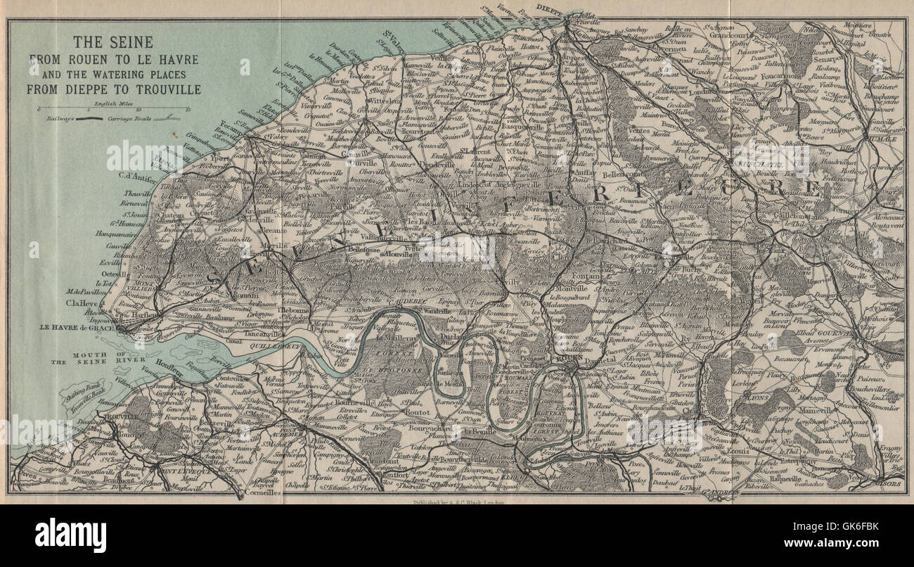 Valle della Senna. Rouen-Le Havre. Seine-Maritime & Eure. Dieppe Trouville, 1913 Mappa Foto Stock