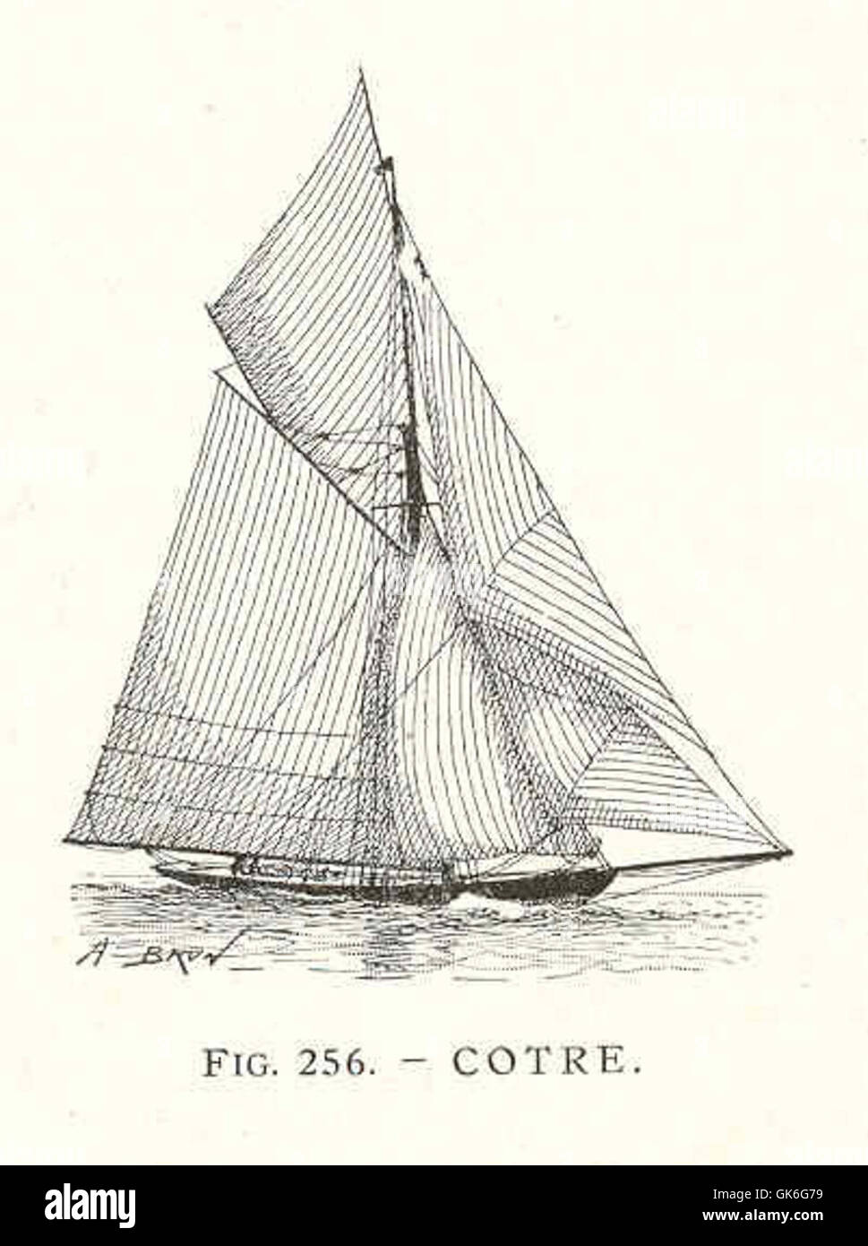 Immagine di un cotre, un tipo di imbarcazione a vela tradizionale utilizzata nelle regioni del Mediterraneo e della costa. Il cotre presenta un caratteristico design a un solo albero ed è stato comunemente utilizzato per il trasporto di merci e la pesca nelle acque costiere. Foto Stock