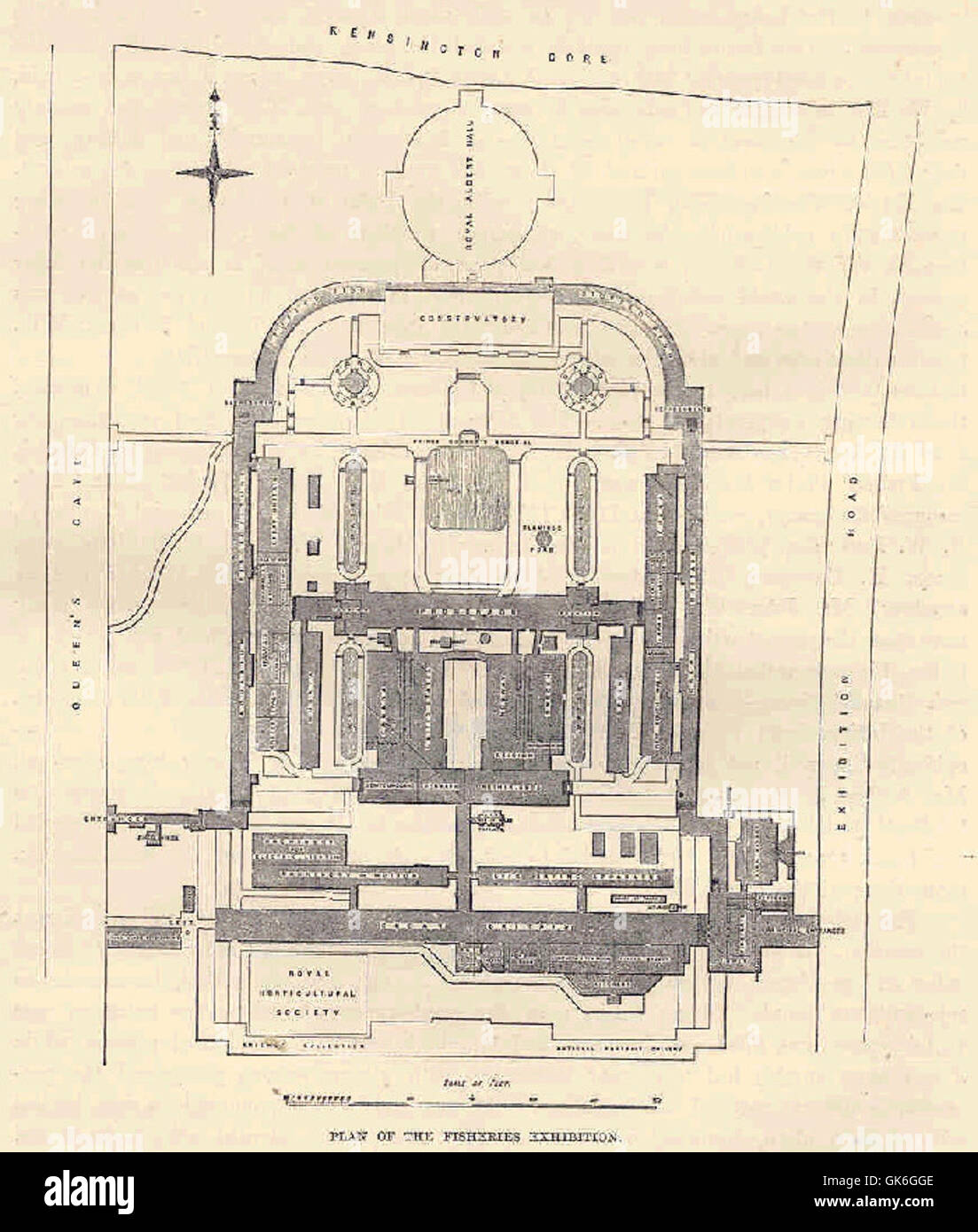 La sala d'ingresso della Mostra della pesca, con un piano dettagliato che mostra la disposizione e le sezioni della mostra. La mostra ha presentato progressi nel campo della scienza della pesca, della biologia acquatica e della conservazione marina. Foto Stock