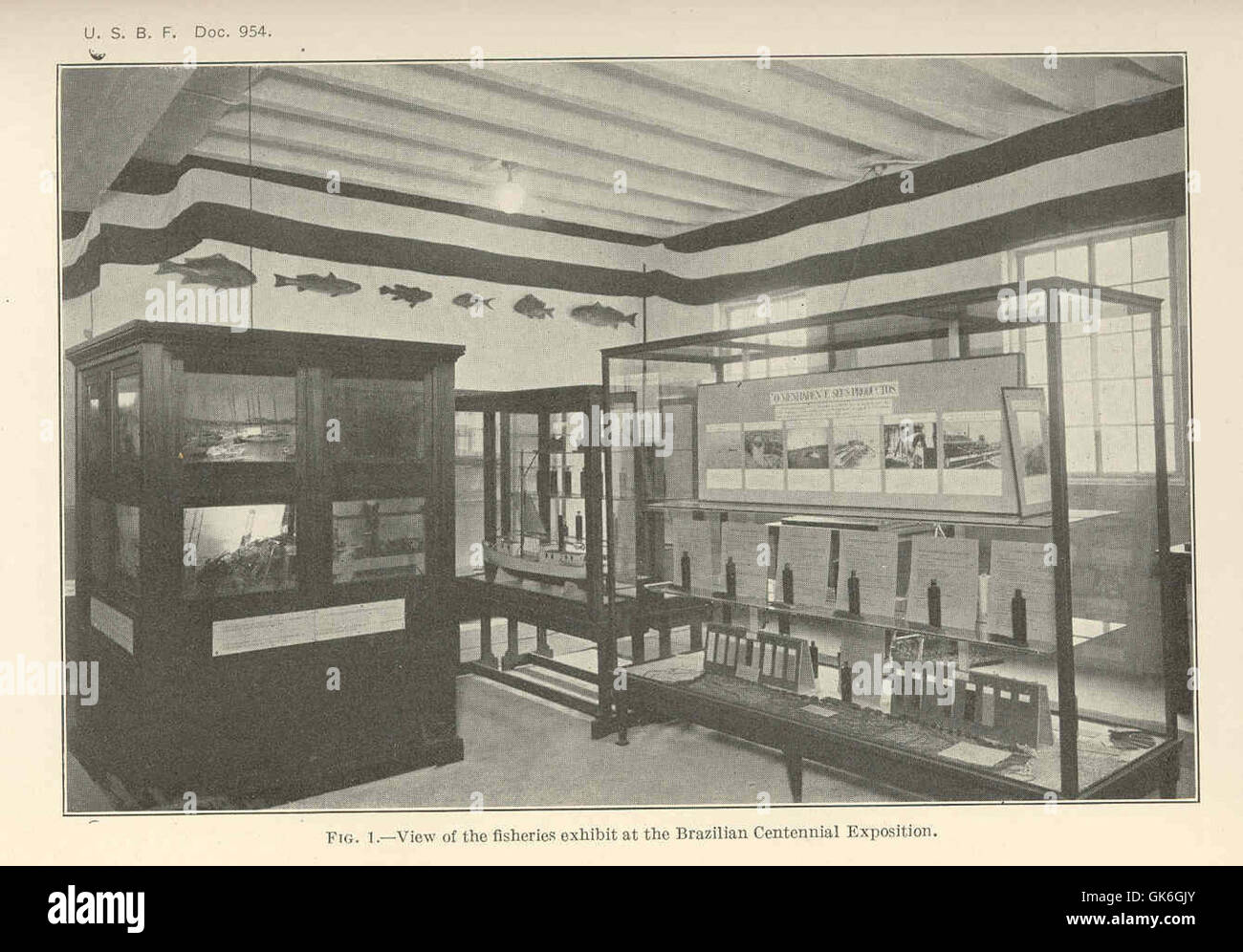 Questa fotografia cattura una vista della mostra sulla pesca all'esposizione del Centenario brasiliano, che mostra i progressi della nazione nella gestione delle risorse marine e nella tecnologia della pesca. Foto Stock