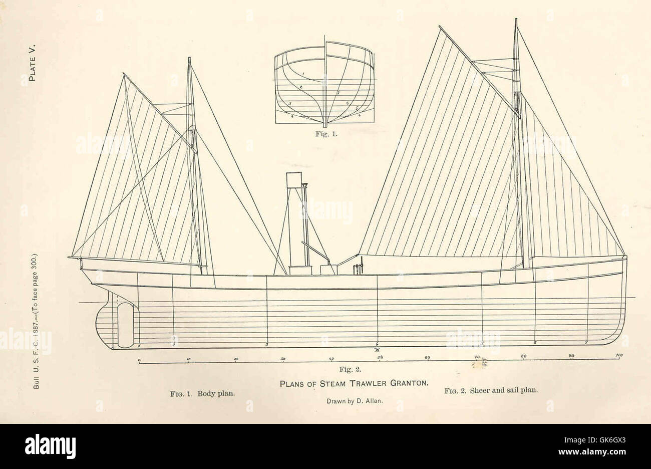 Piani del peschereccio a vapore Granton, un peschereccio progettato per operazioni in acque profonde. I piani descrivono in dettaglio la struttura della nave, tra cui il motore a vapore, le attrezzature da pesca e le capacità di stoccaggio per le spedizioni estese. Foto Stock