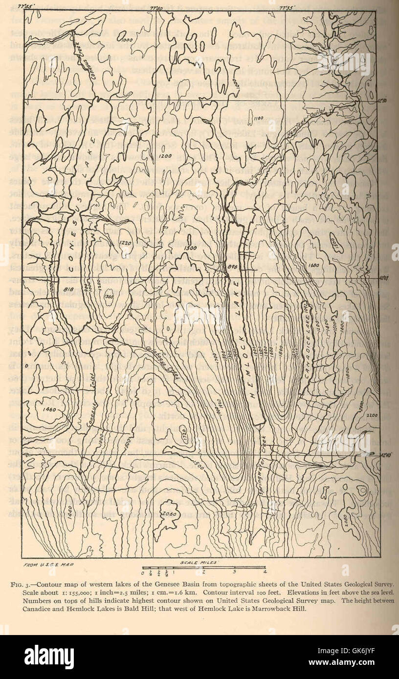 Questa mappa di contorno dei laghi occidentali del bacino Genesee è stata creata utilizzando fogli topografici del U.S. Geological Survey, fornendo preziose informazioni sulla geografia e sui sistemi idrici della regione. Foto Stock