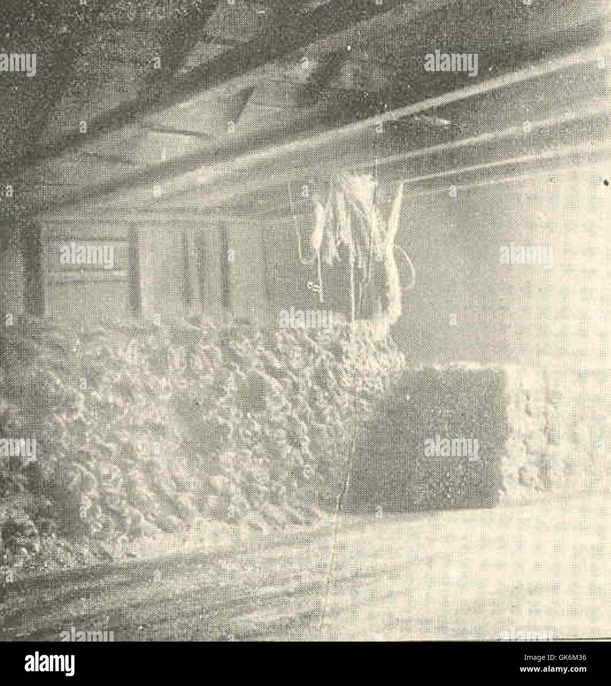 L'interno della salina di Glinka, Copper Island, mostra pelli di foca confezionate preparate per la spedizione. Questa scena riflette lo storico commercio di pelli di foca, che erano merci preziose nell'industria della pelliccia. Foto Stock