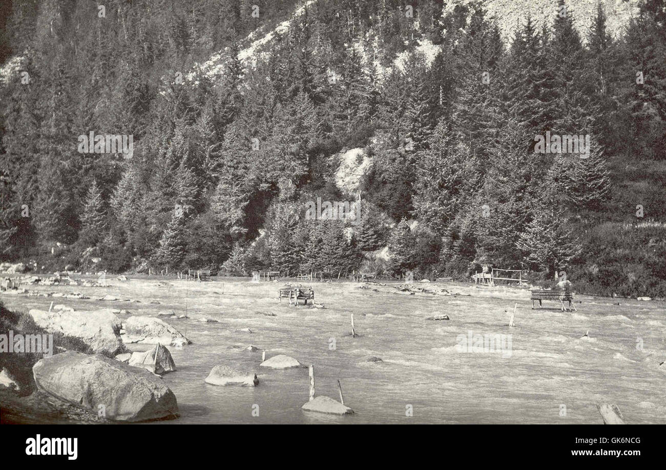 Il fiume Chilkoot presenta piattaforme di pesca native utilizzate dagli indigeni per la pesca nella corrente fluida. Queste piattaforme sono state un metodo tradizionale per la raccolta del pesce dal torrente, mettendo in evidenza le pratiche culturali delle comunità locali nella regione. Foto Stock