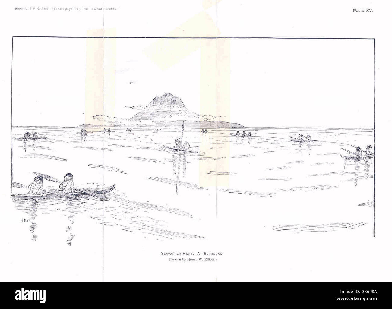 L'immagine raffigura una tradizionale caccia alla lontra di mare, evidenziando i metodi utilizzati dalle popolazioni indigene per catturare le lontre marine, che venivano cacciate per la loro pelliccia e altre risorse nelle regioni costiere. Foto Stock