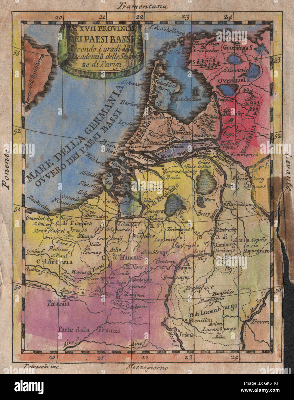 Le XVII Provincie dei Paesi dei 5 Continenti bassi. Benelux diciassette province. BUFFIER 1775 mappa Foto Stock