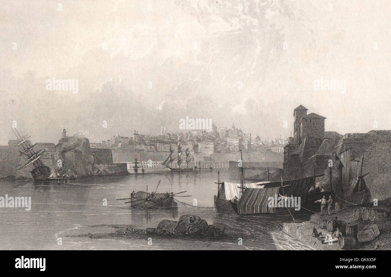 La Valletta, dal Marsa Musceit, Malta, antica stampa 1840 Foto Stock