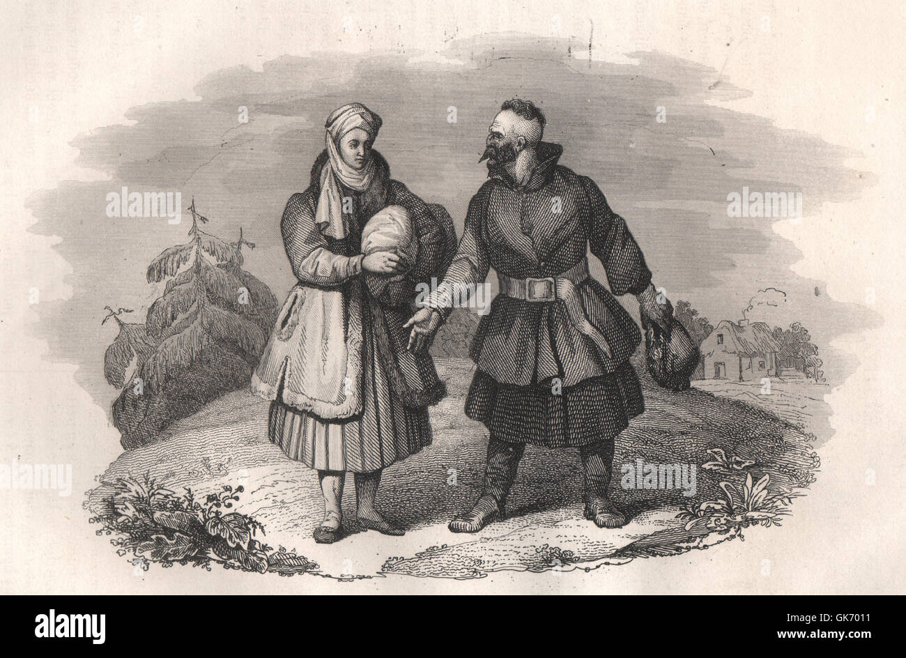 I costumi dei contadini polacchi in Lituania. La lituania, antica stampa 1836 Foto Stock