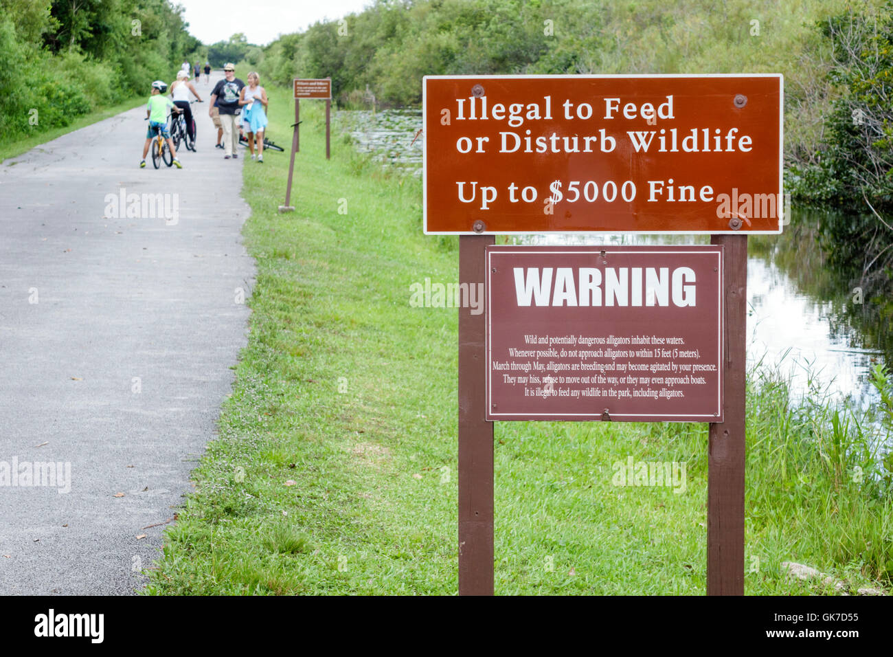 Sentiero Tamiami della Florida, Everglades della Florida, Parco Nazionale delle Everglades, Shark Valley, paludi tropicali, habitat, ecosistema, vegetazione, acqua, canale, ciclista, cartello, Foto Stock