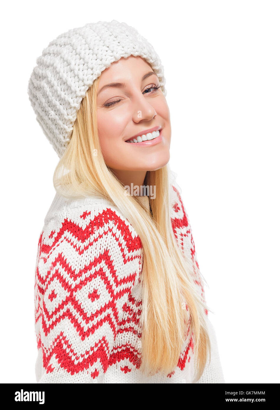 Bella bella bionda in abbigliamento invernale winks. Isolato su sfondo  bianco Foto stock - Alamy