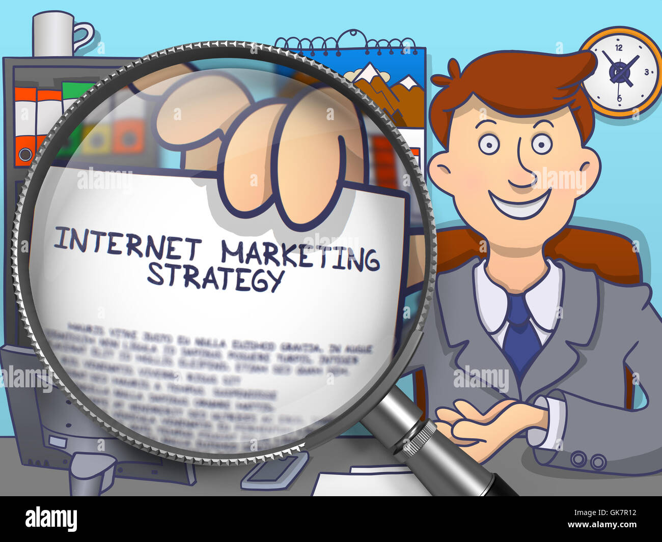 Internet strategia di marketing attraverso la lente. Doodle stile. Foto Stock