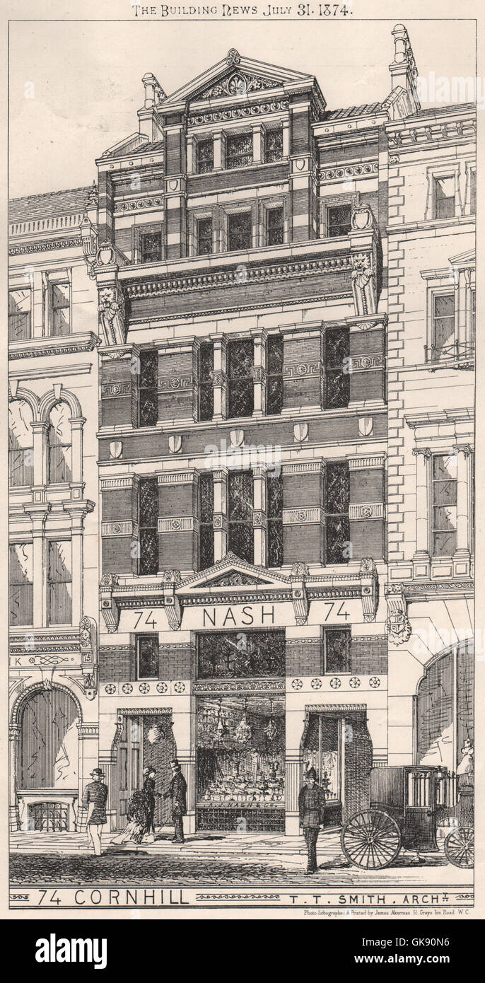 74 Cornhill; T.T. Smith, architetto. Londra, antica stampa 1874 Foto Stock