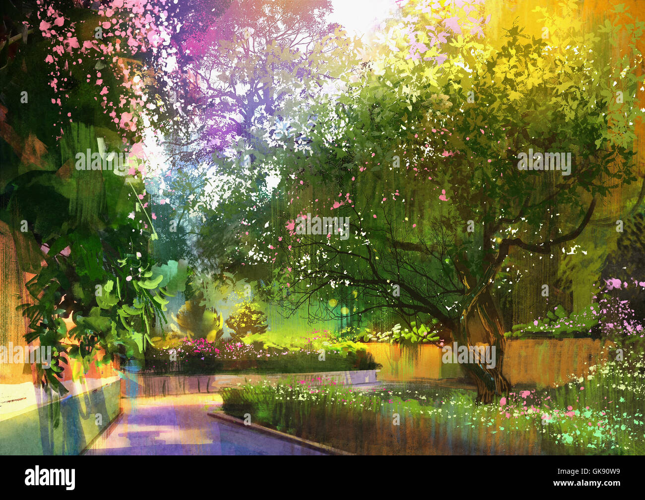Percorso in un tranquillo parco verde,immagine,pittura paesaggio Foto Stock