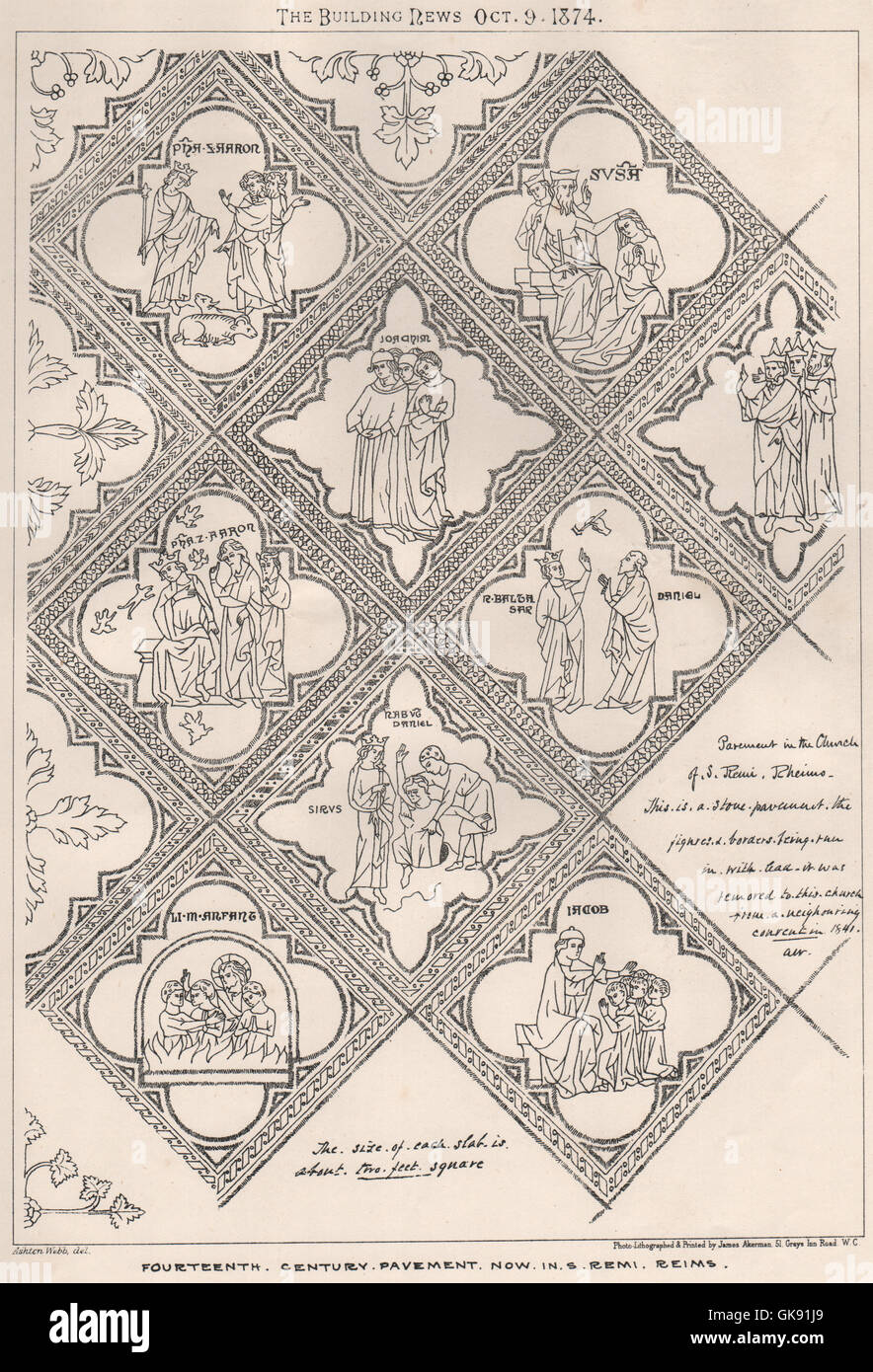 Il XIV secolo pavimentazione ora in San Remi, Reims. Marne, antica stampa 1874 Foto Stock