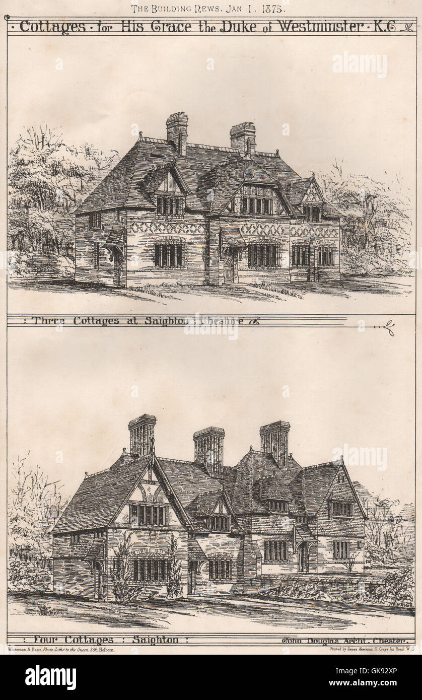 Cottage a Saighton, Cheshire per il Duca di Westminster, antica stampa 1875 Foto Stock