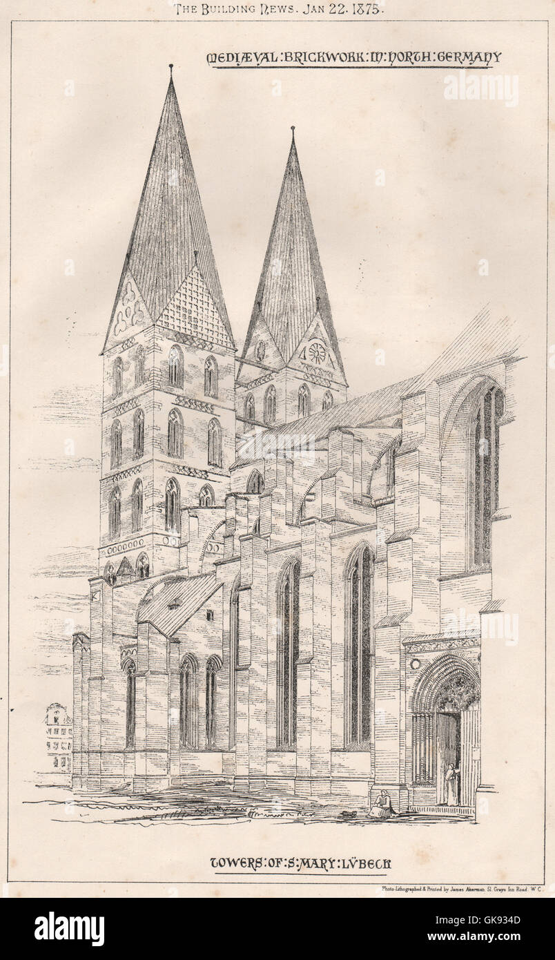 In cotto medievale M. nord Germania; torri di Santa Maria di Lubecca, stampa 1875 Foto Stock
