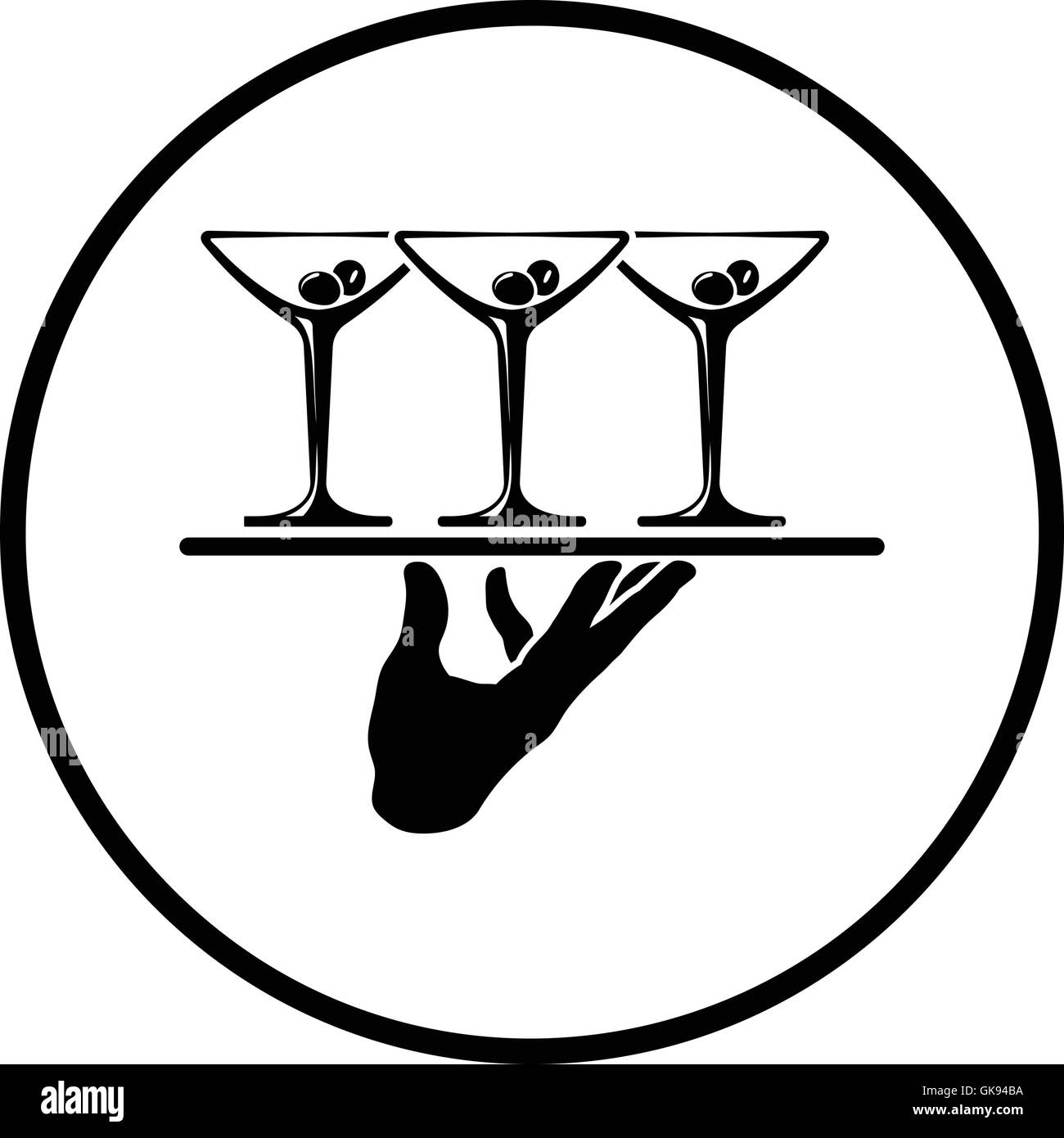Cameriere mano tenendo il vassoio con bicchieri da martini icona. Cerchio sottile design. Illustrazione Vettoriale. Illustrazione Vettoriale