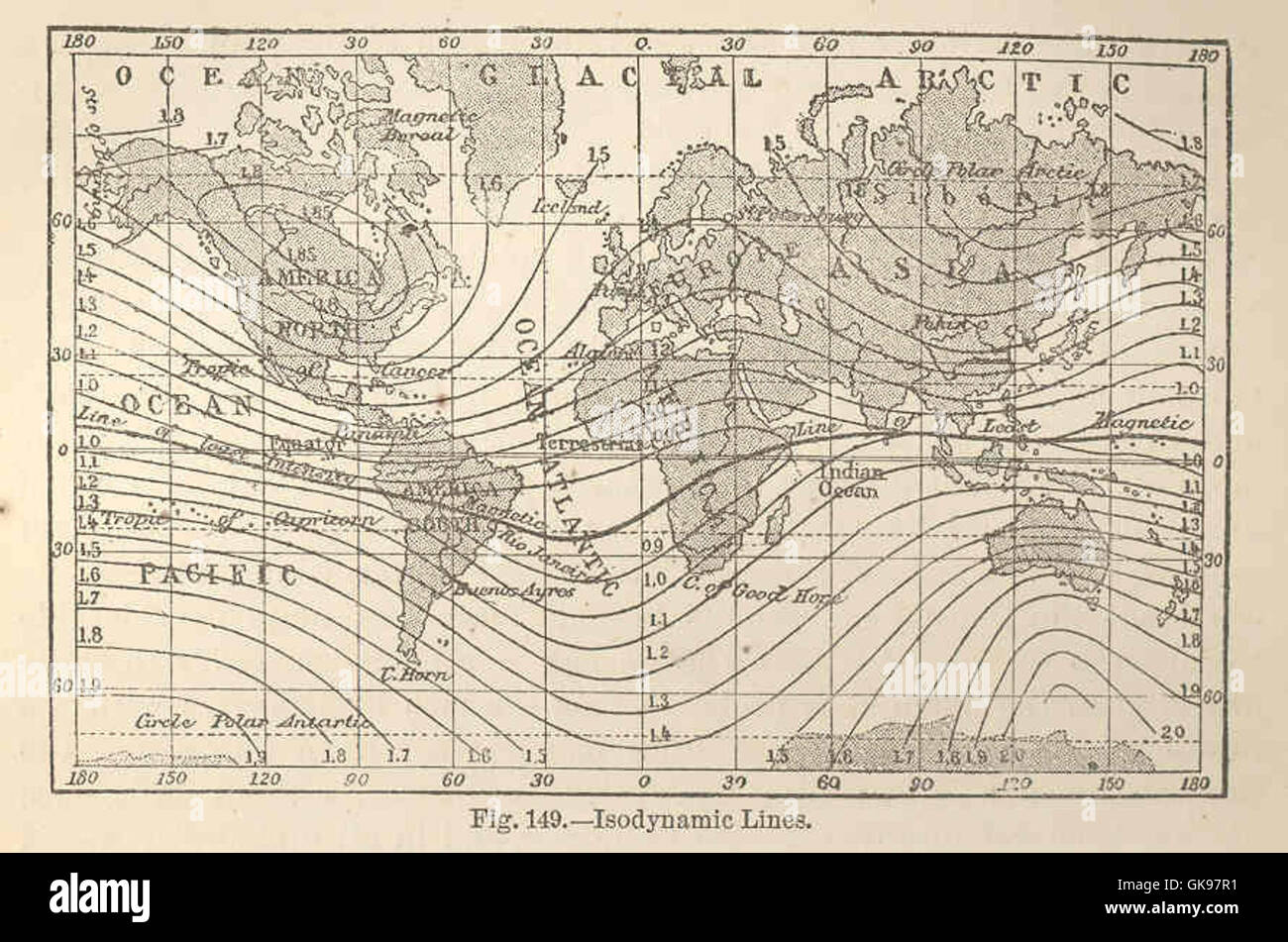 Uno studio geografico sulle linee isodinamiche, incentrato sul campo magnetico terrestre e sulle sue variazioni nelle diverse regioni. Foto Stock