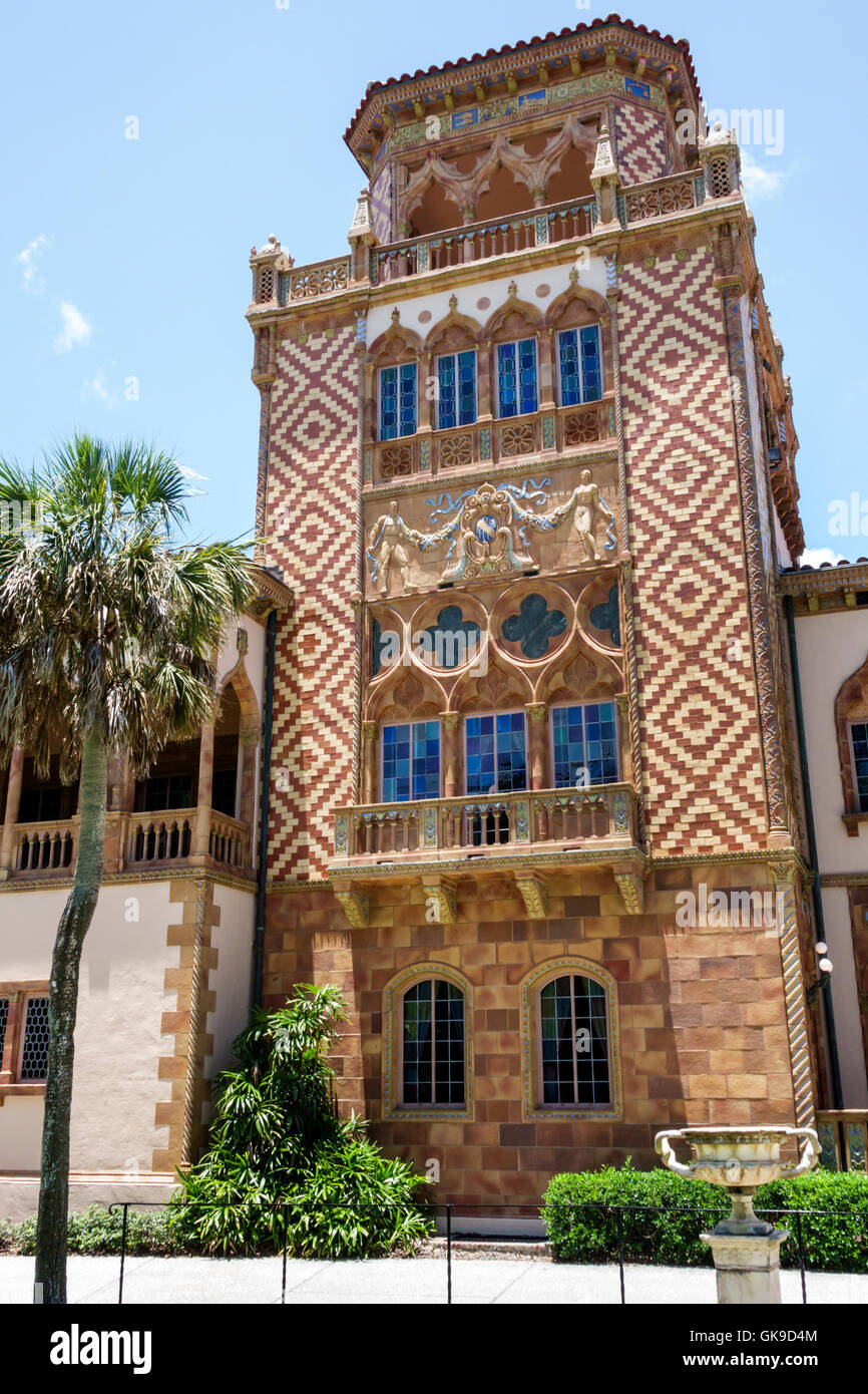 Sarasota Florida,Ringling Estate,Ca' d’Zan,Mansion,esterno,architettura gotica veneziana,esterno,Dwight James Baum,facciata,piastrelle smaltate,Towe Belvedere Foto Stock