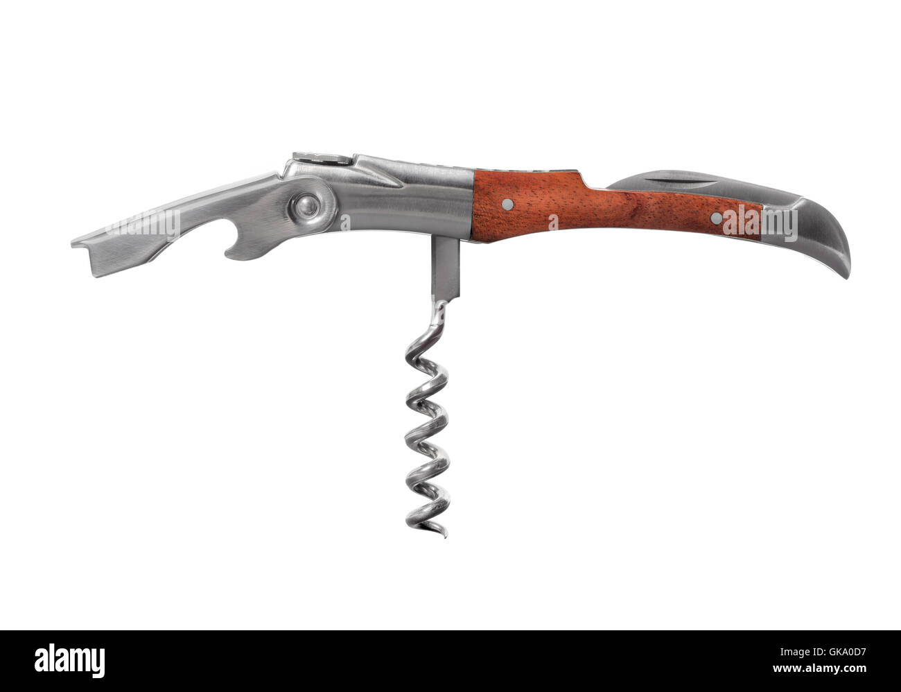 Oggetti isolati: stile antico cavatappi con manico in legno, isolato su sfondo bianco Foto Stock