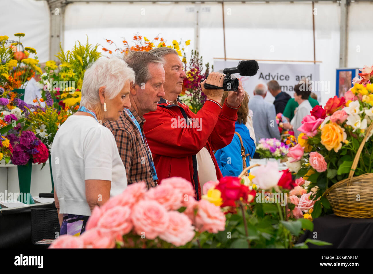 Un visitatore film fiori a Shrewsbury Flower Show, Shropshire, Inghilterra, Regno Unito Foto Stock