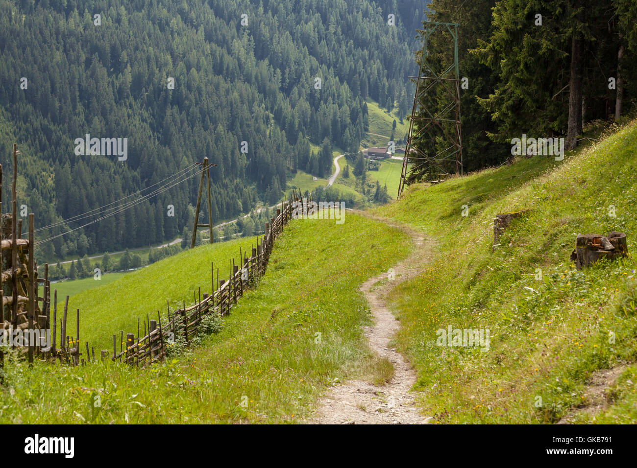 Sentiero di montagna lungo la recinzione di legno nelle Alpi austriache a Tux Zillertal, Austria Foto Stock