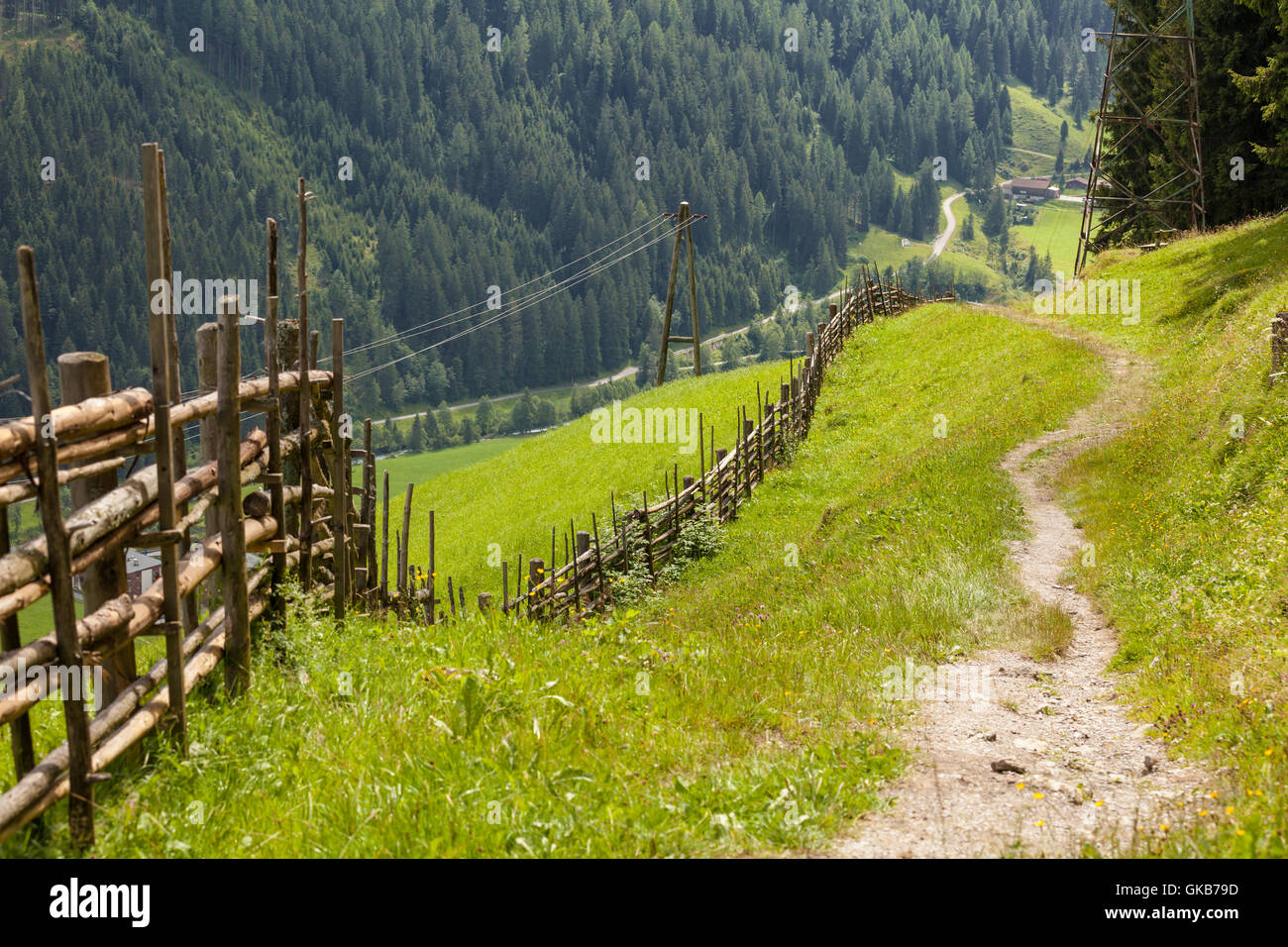 Sentiero di montagna lungo la recinzione di legno nelle Alpi austriache a Tux Zillertal, Austria Foto Stock