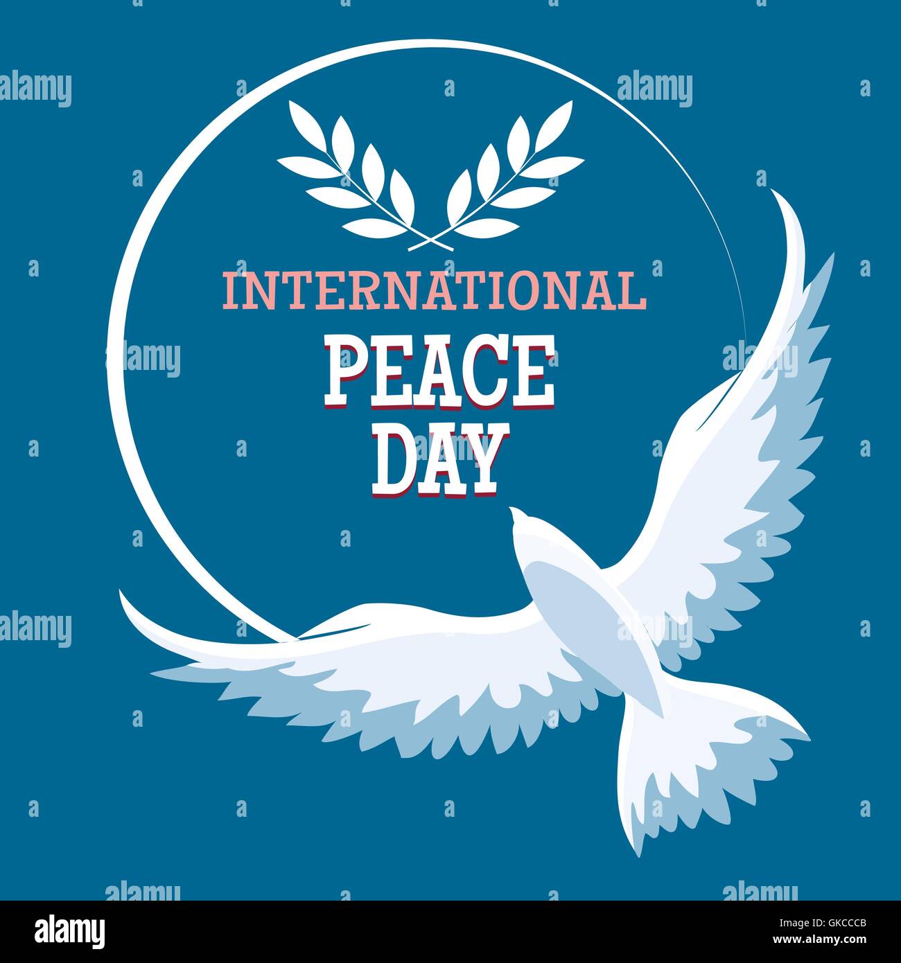 Giornata internazionale della pace emblema. Biglietto di auguri con battenti colomba e testo su sfondo blu. Illustrazione Vettoriale