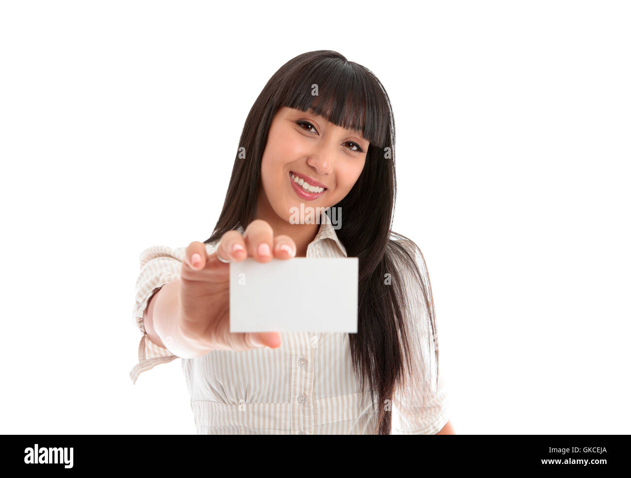 Bella Donna sorridente con business o ID card Foto Stock