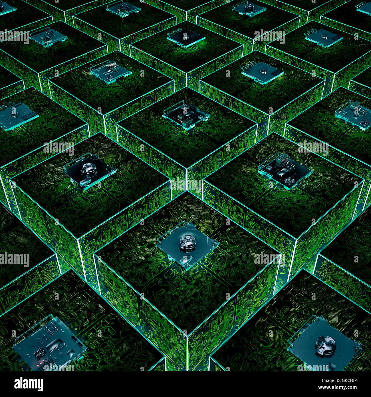 Scheda di circuito griglia / 3D illustrazione concettuale della tecnologia del computer Foto Stock