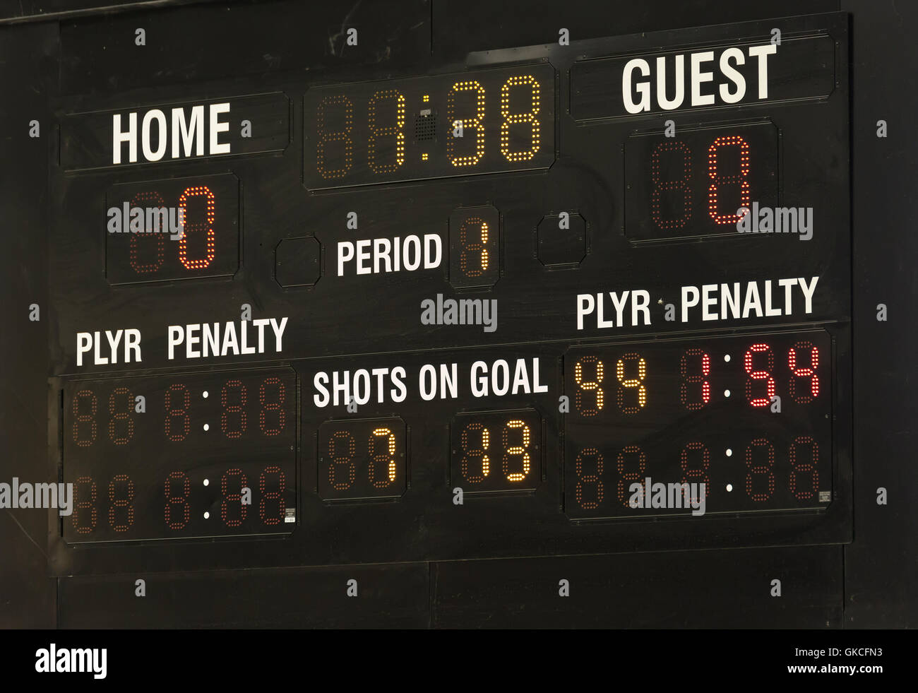 Hockey su ghiaccio Scoreboard close up. Foto Stock