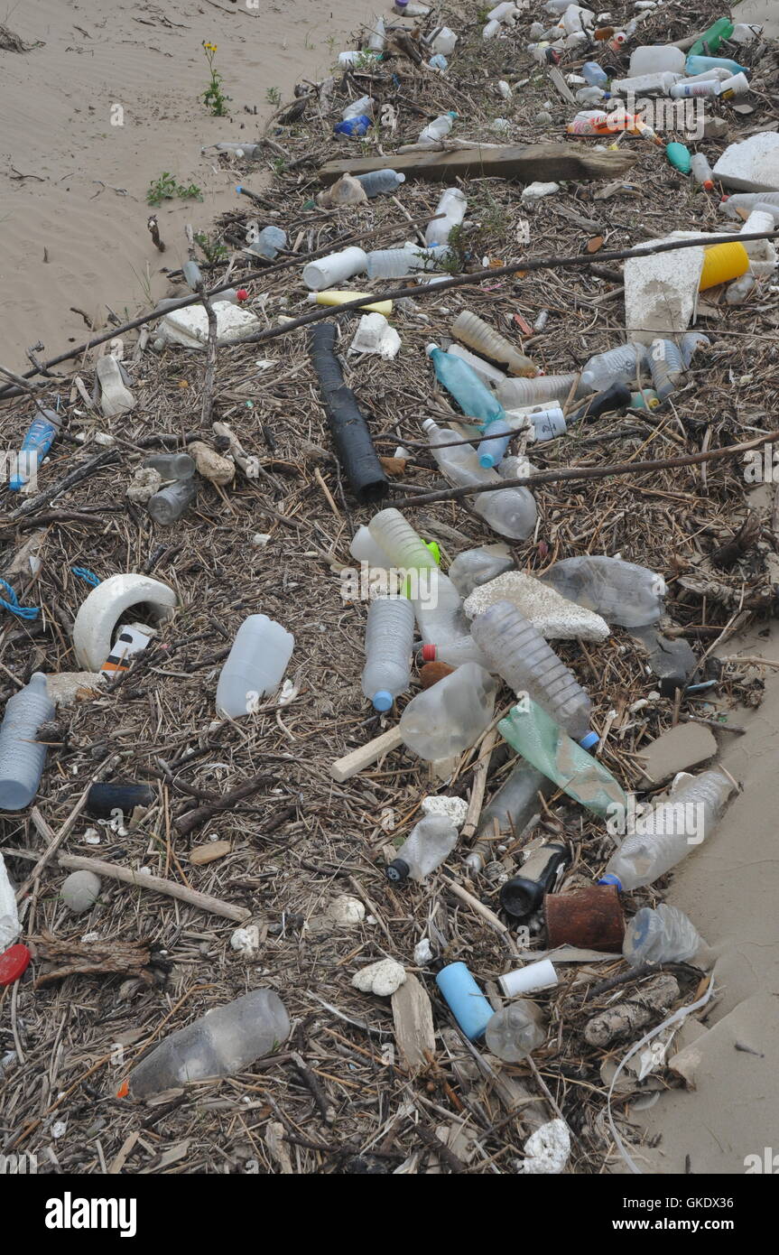 Cumuli di rifiuti su una spiaggia di sabbia tra cui le bottiglie di plastica, corda e legno di deriva, piante crescenti preoccupazioni ambientali pericolo Foto Stock