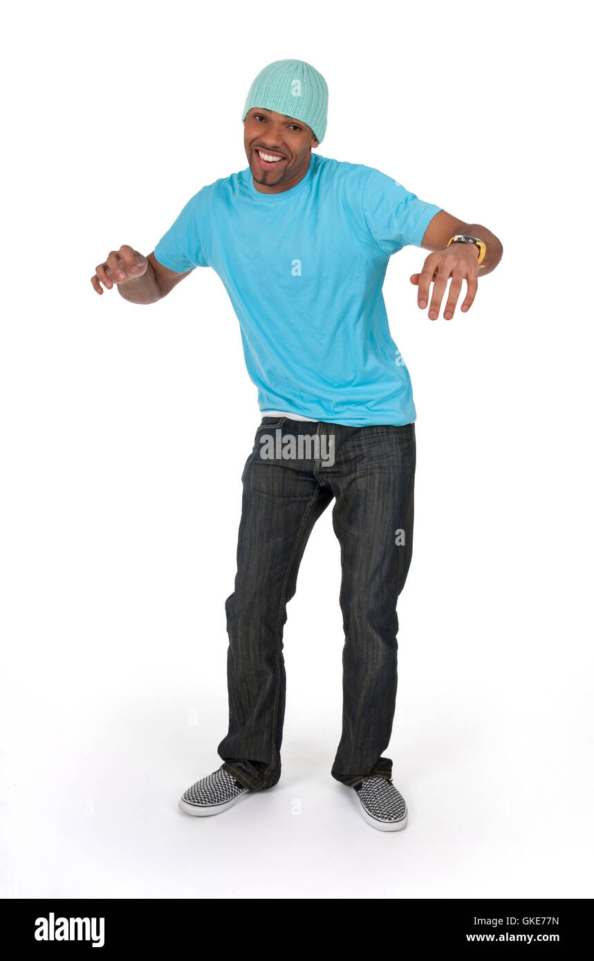 Funny guy nel blu t-shirt dancing Foto Stock