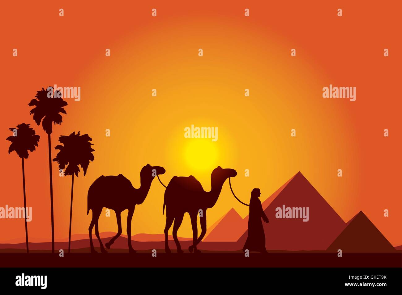 Egitto Piramidi con Camel caravan su sfondo al tramonto Illustrazione Vettoriale