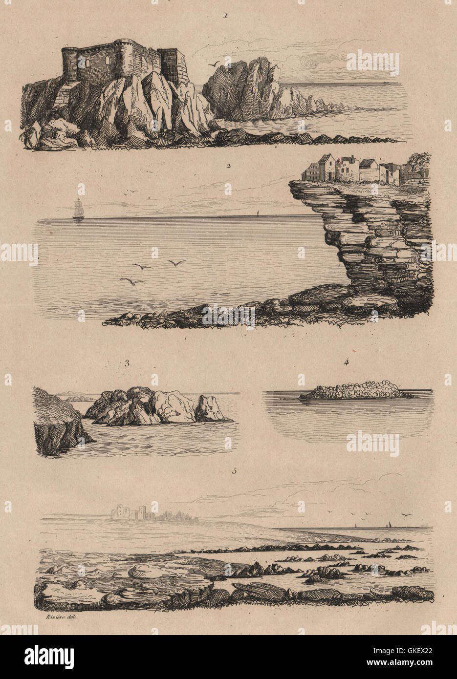 Paesaggi marini: Plages. Spiagge. Paesaggi costieri. Ho, antica stampa 1834 Foto Stock