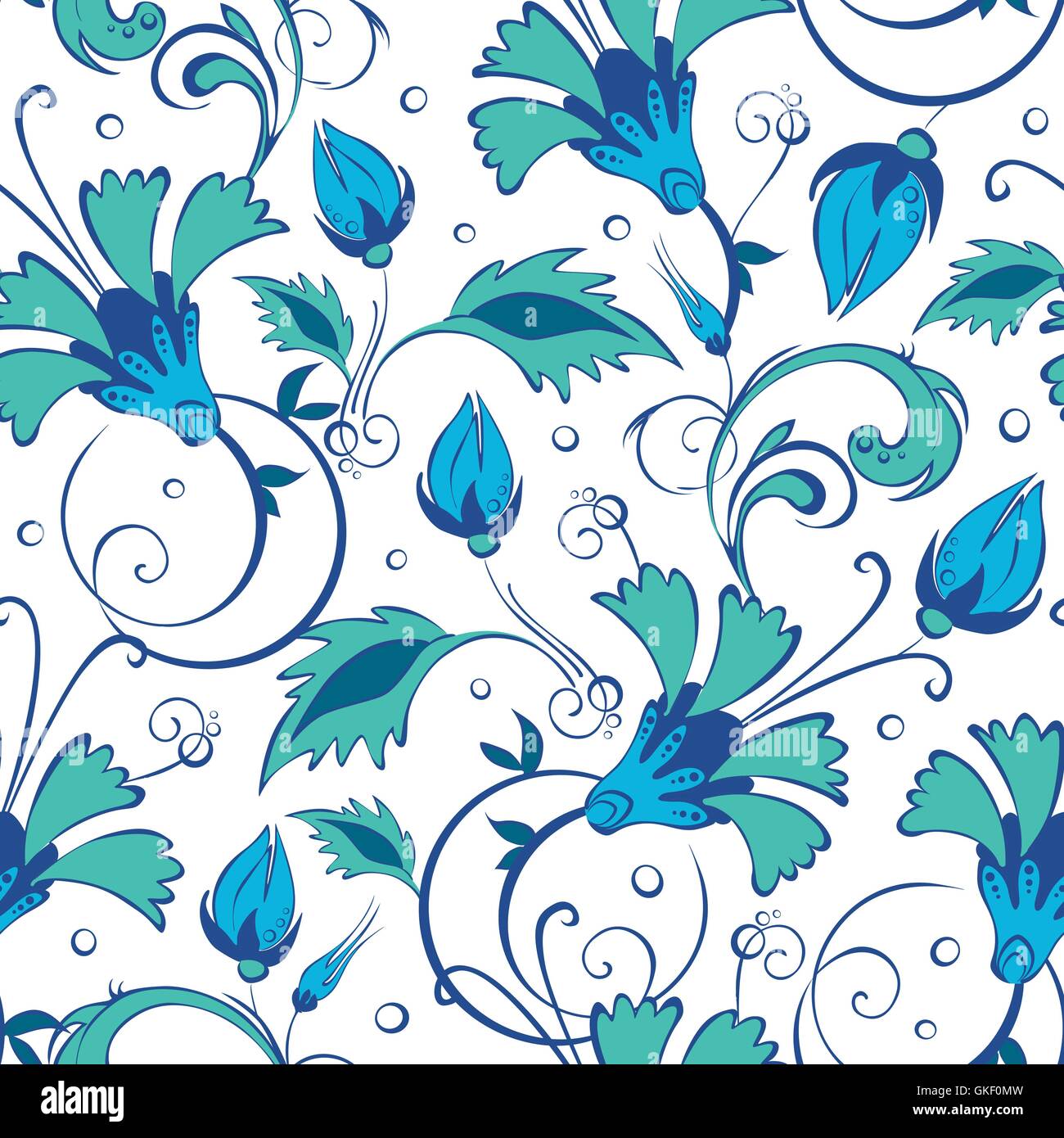 Vettore verde blu fiori swirly seamless sfondo pattern Illustrazione Vettoriale