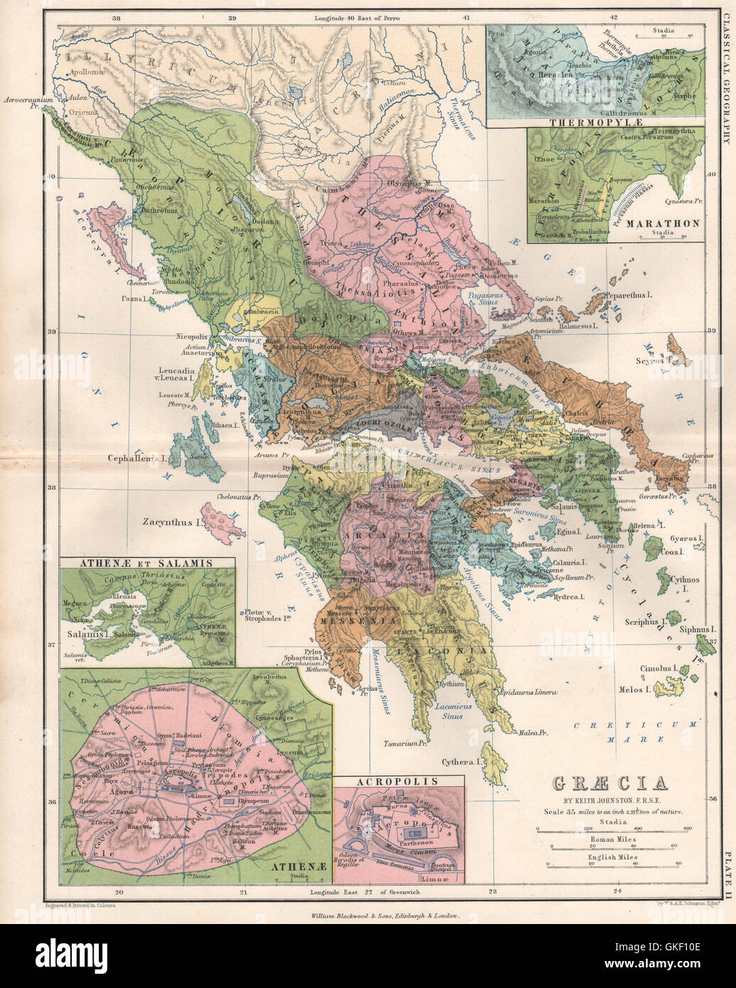 "Graecia". Grecia antica. Maratona Thermoplyae Athenae salami, 1855 mappa vecchia Foto Stock