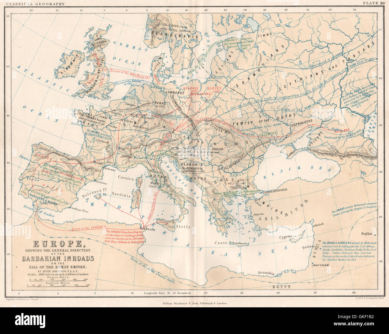 Invasioni barbariche di Europa con la caduta dell'Impero Romano. JOHNSTON, 1855 Mappa Foto Stock