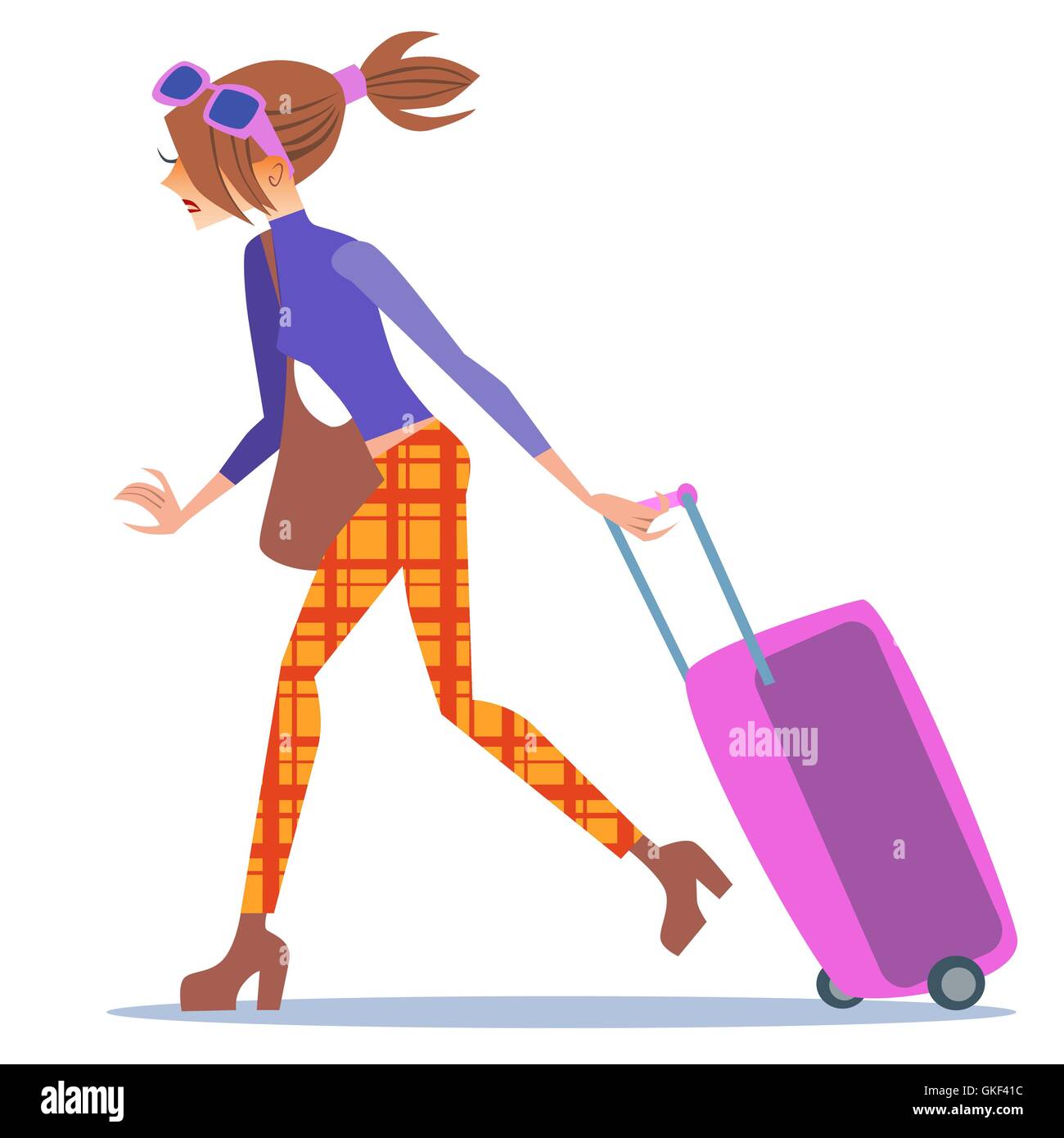 Donna turistiche a piedi con una valigia viaggio Illustrazione Vettoriale