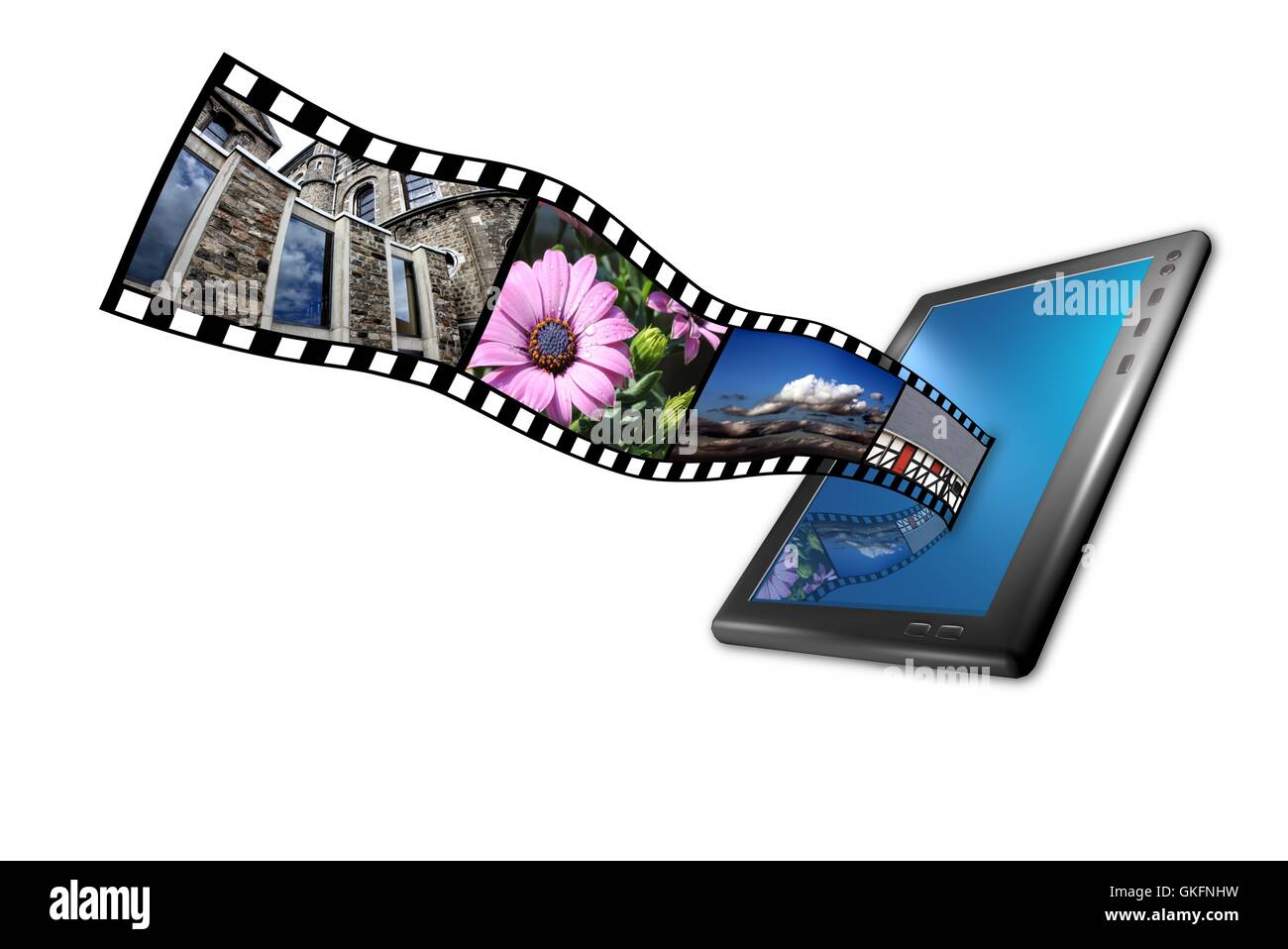 Tablet PC con film e striscia di immagini in 3D Foto Stock