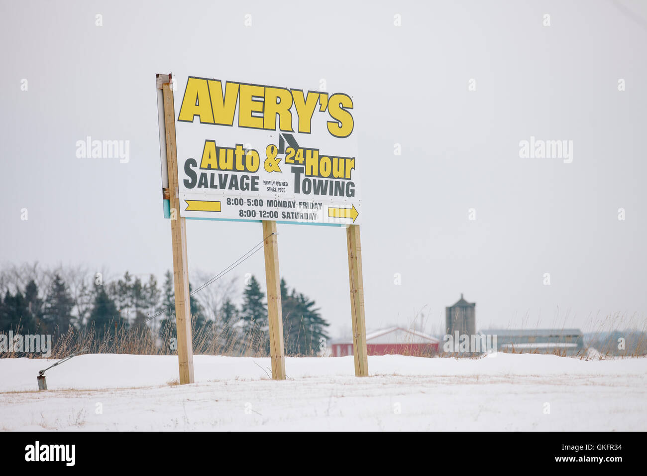 Avery automatica del segno di recupero sulla proprietà di Avery nella contea di Manitowoc, Wisconsin e localizzazione di Teresa di Halbach " omicidio. Foto Stock